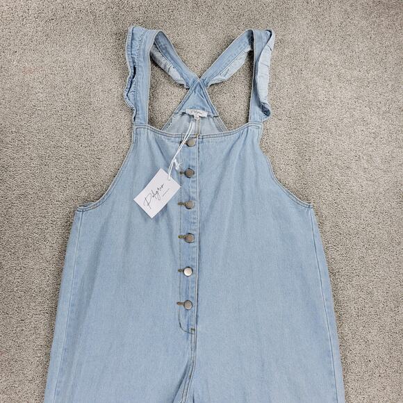 Polagram Overall Button Up Denim Jumpsuit Womens L Blue Light Wash Ruffle Straps - Picture 16 of 16